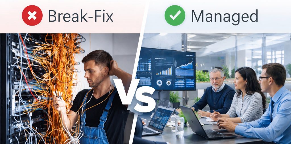 Break-fix vs managed IT support showing reactive IT issues compared to proactive managed services for small businesses