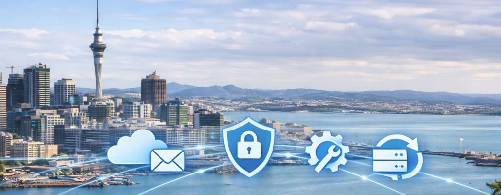 Auckland skyline with cloud, cybersecurity, email and IT support icons representing managed IT services for small businesses in New Zealand.